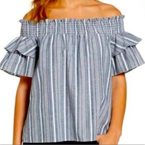 Caslon Off The Shoulder Ruffle Sleeve Blue Stripe Top L/XL